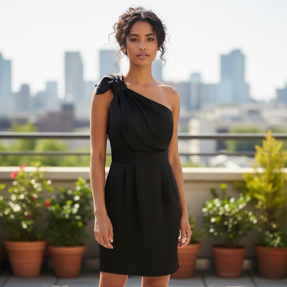 BCBGeneration One Shoulder Black Dress Size 2 Open Back Structured Cocktail - Picture 1 of 9